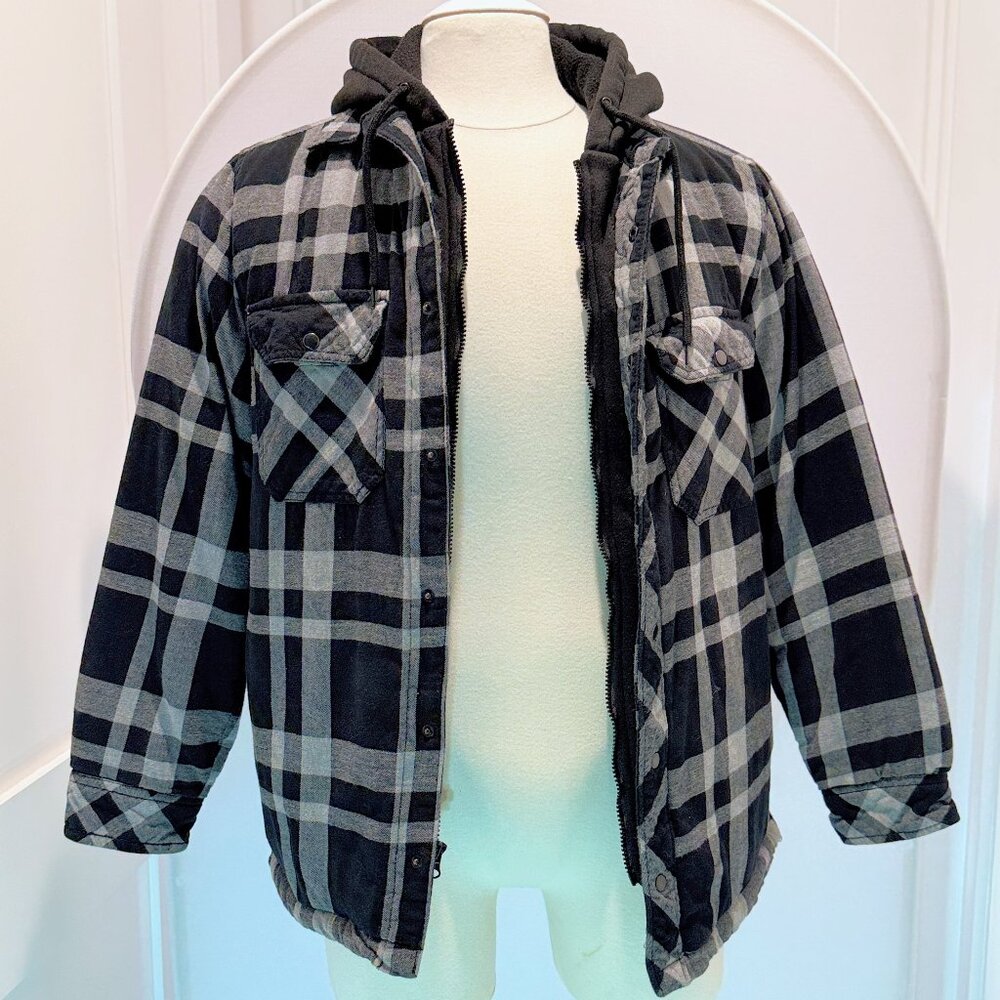 Boston Traders Hooded Quilted Flannel Shirt Jacket Black Plaid Snapfront Men's M
